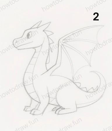 Adding wings and facial features to the dragon sketch.