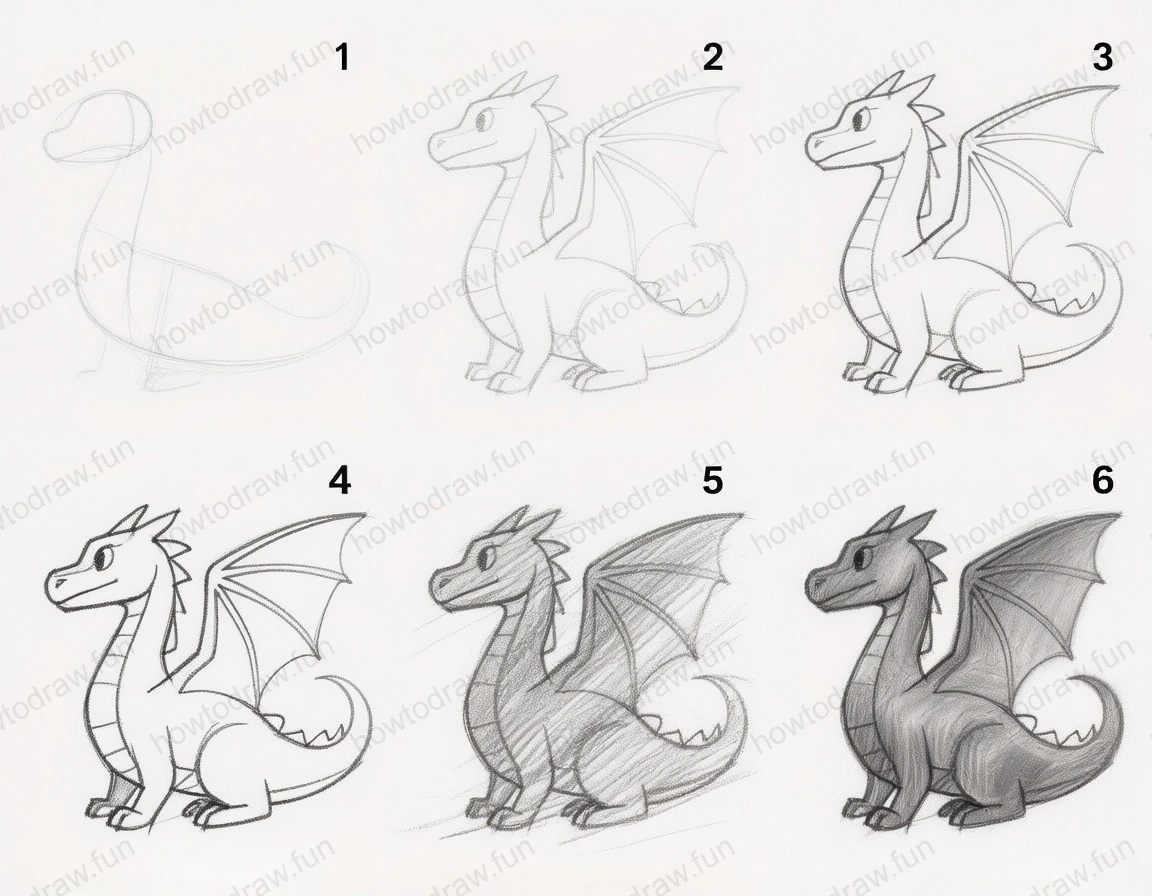 Completed dragon drawing with detailed features and shading.