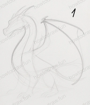 Step 1 outlining basic shapes for the dragon's body.