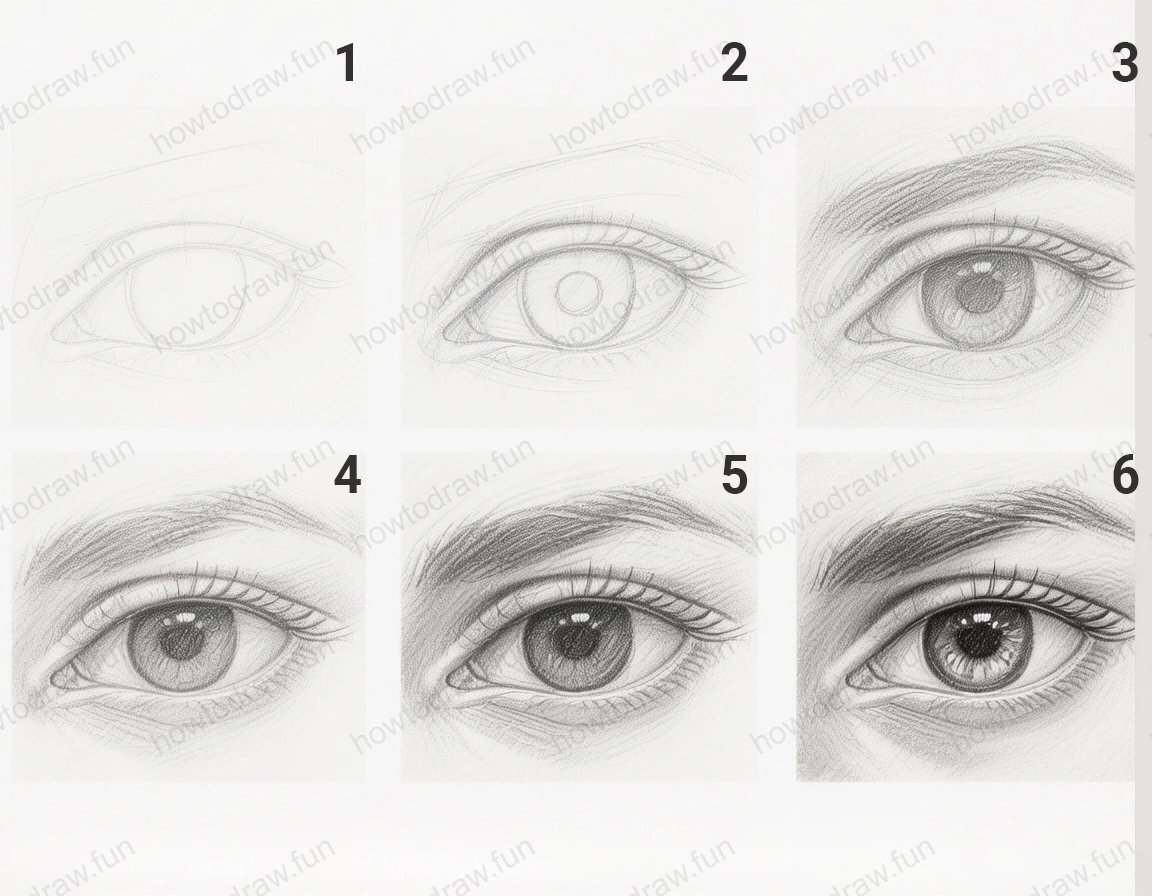 Completed drawing of a realistic eye with detailed shading.