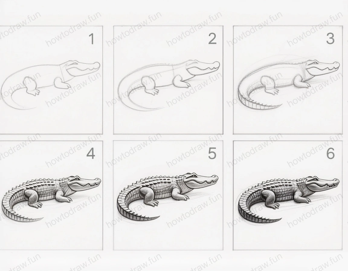 Completed drawing of a realistic crocodile with detailed textures.