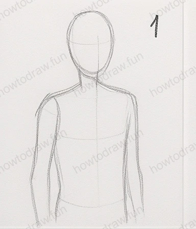 Step 1: Basic outline of head and torso using light pencil lines.