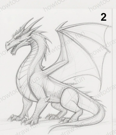 Refined outline of the dragon's anatomy and wings.
