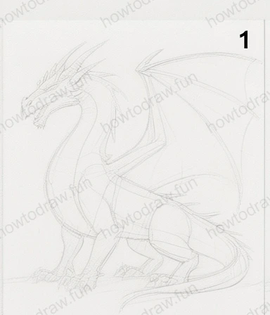 Initial sketch of a dragon's basic shapes and proportions.