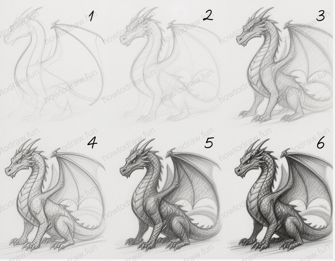 Final dragon drawing showing detailed features and shading.