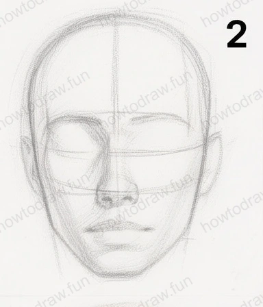 Basic facial features outlined using guidelines.